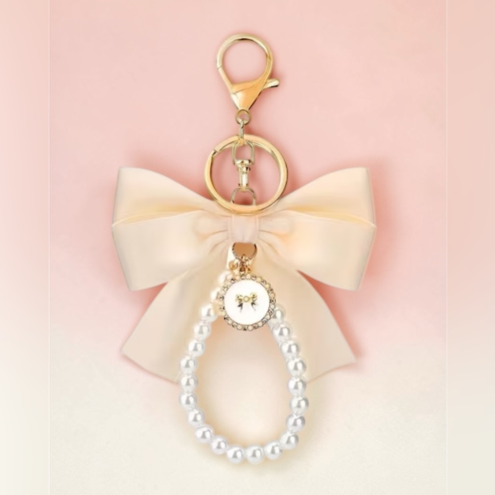Pearl Bow Bag Charm Gold Tone Coquette Balletcore Feminine Luxe Purse